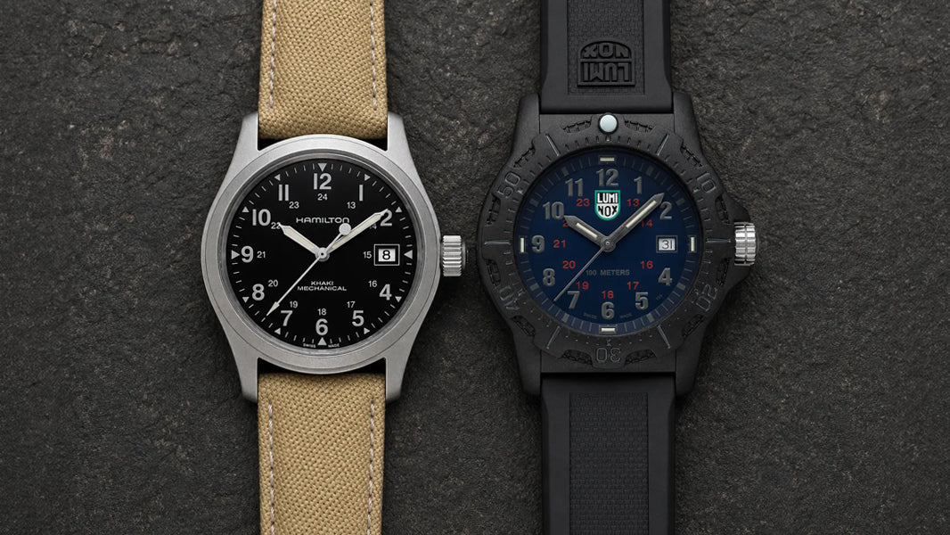 Hamilton Khaki Field Auto on canvas strap left, Luminox Manta Ray Carbonox on polyurethane strap right 