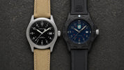 Hamilton Khaki Field Auto on canvas strap left, Luminox Manta Ray Carbonox on polyurethane strap right 