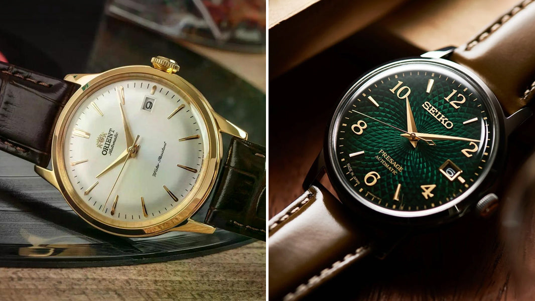 Orient Bambino FAC08004D0 on cream leather left, Seiko Presage SRPE45 