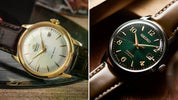 Orient Bambino FAC08004D0 on cream leather left, Seiko Presage SRPE45 