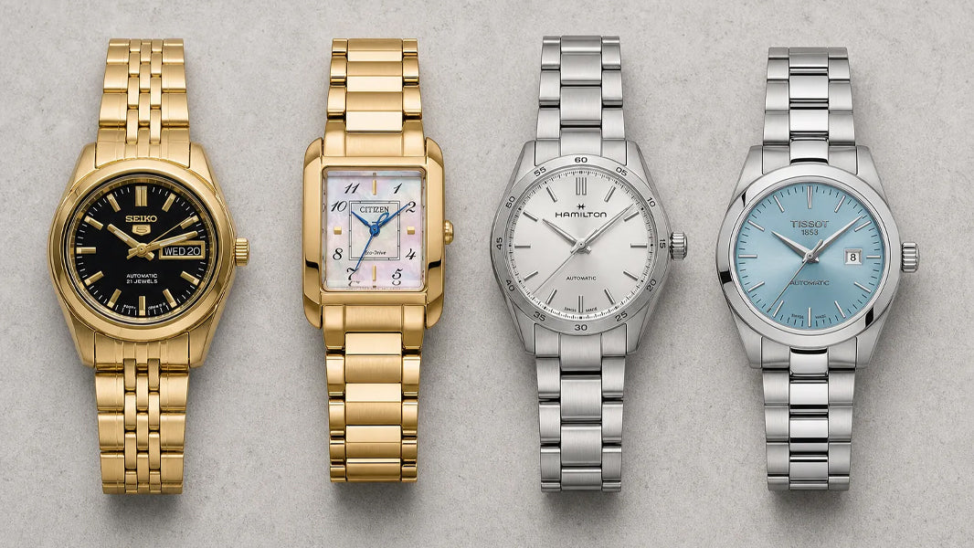 Seiko 5 SYMA40, Citizen L Square EW5603-89Y, Hamilton Jazzmaster Performer H36105150, and Tissot T-Lady