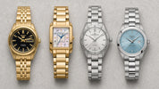 Seiko 5 SYMA40, Citizen L Square EW5603-89Y, Hamilton Jazzmaster Performer H36105150, and Tissot T-Lady