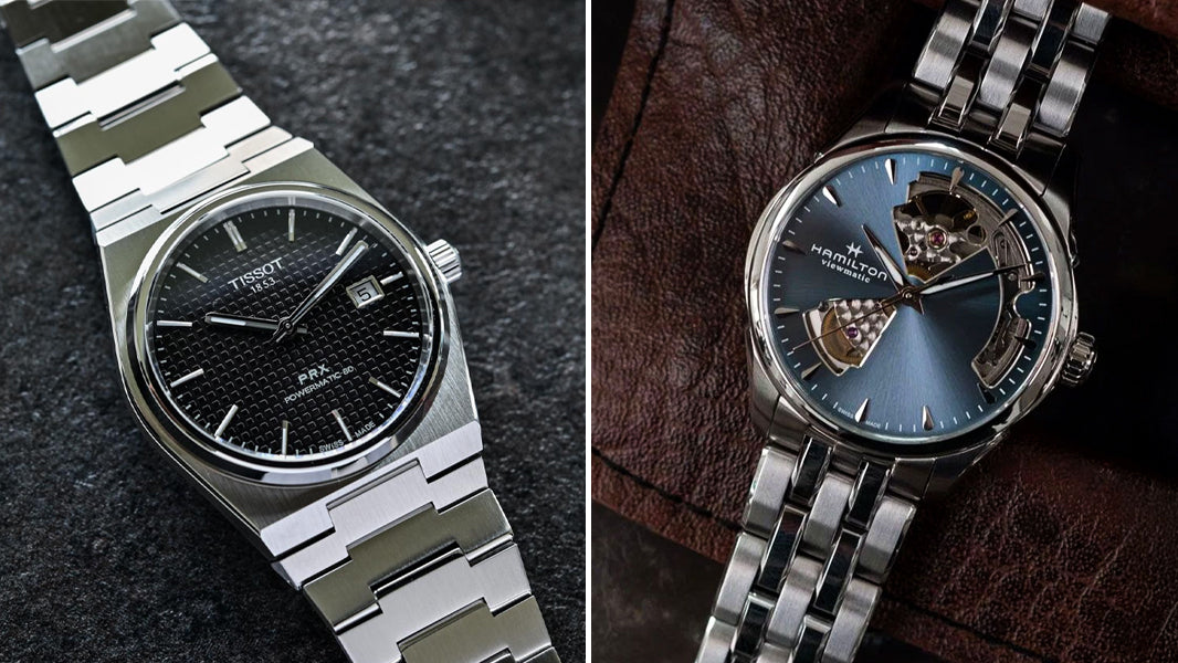 PRX black dial and Jazzmaster blue dial split flat-lay