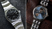 PRX black dial and Jazzmaster blue dial split flat-lay