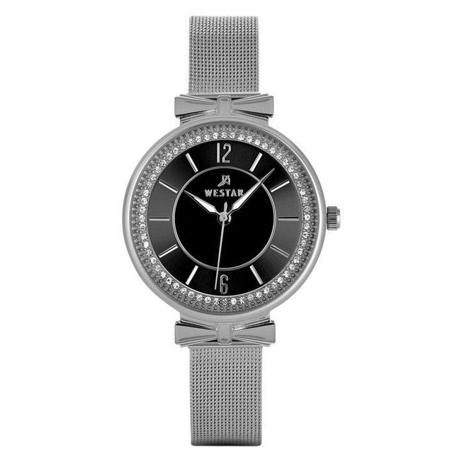 Westar Zing Crystal Accents Stainless Steel Mesh Bracelet Black Dial Quartz 00130STN103 Women's Watch