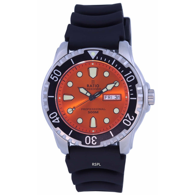Ratio FreeDiver Orange Dial PU Strap Quartz 48HA90-02-ORG 500M Men's Watch