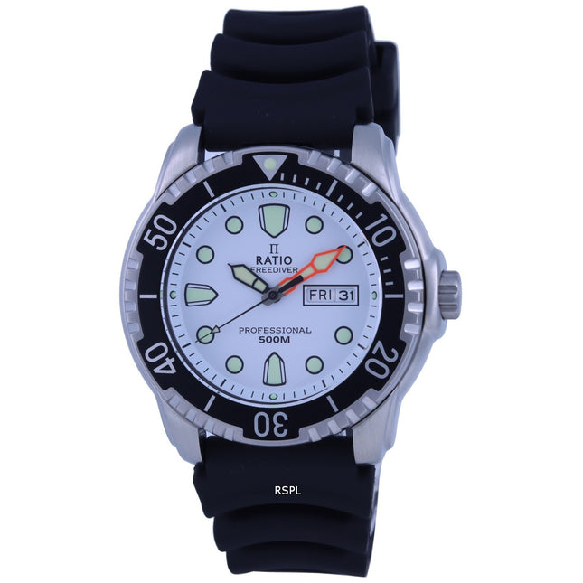 Ratio FreeDiver White Dial PU Strap Quartz 48HA90-02-WHT 500M Men's Watch