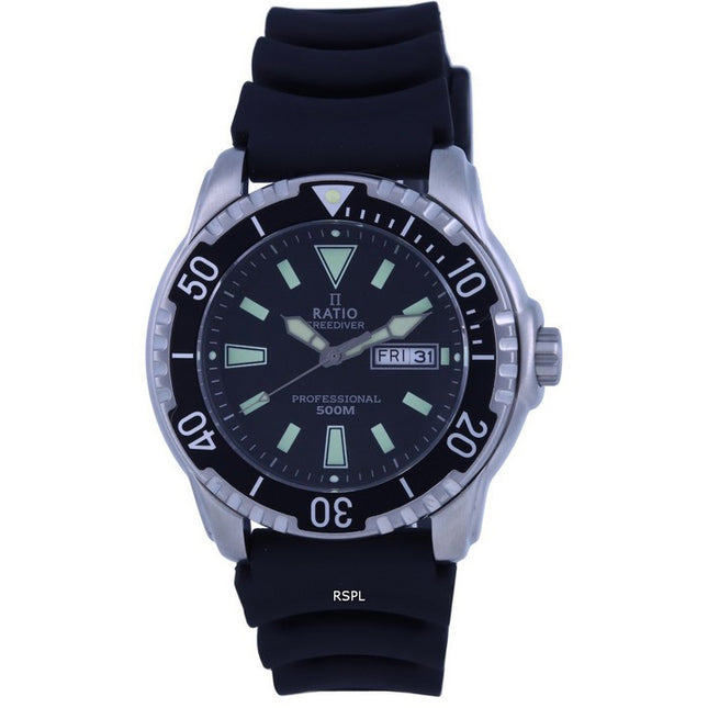 Ratio FreeDiver Black Dial PU Strap Quartz 48HA90-12-BLK 500M Men's Watch