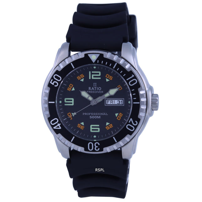 Ratio FreeDiver Black Dial PU Strap Quartz 48HA90-19-BLK 500M Men's Watch