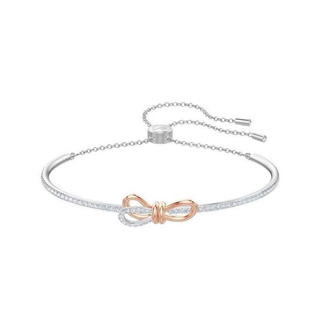 Swarovski Lifelong Bow Rhodium Plated Oval Shaped Bangle With White Crystal 5447079 For Women