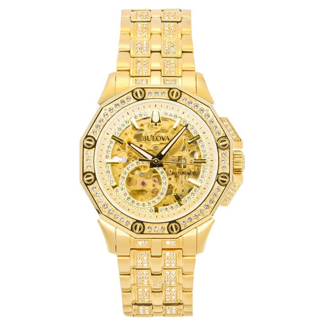 Bulova Octava Crystal Accents Stainless Steel Skeleton Gold Dial Automatic 98A292 Men's Watch