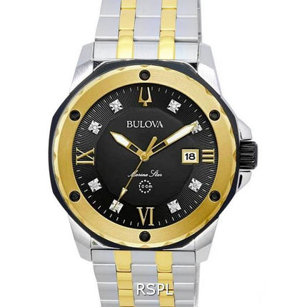 Bulova Marine Star Diamond Accents Black Dial Two Tone Quartz 98D175 100M Mens Watch