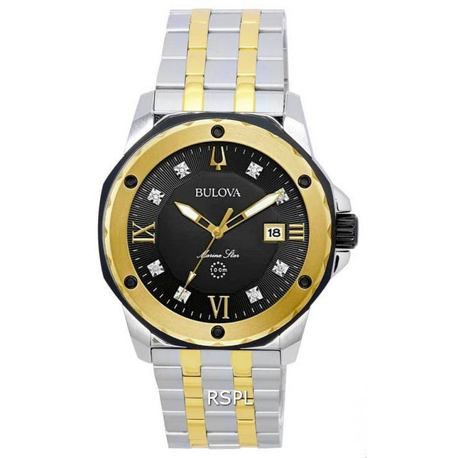 Bulova Marine Star Diamond Accents Black Dial Two Tone Quartz 98D175 100M Mens Watch