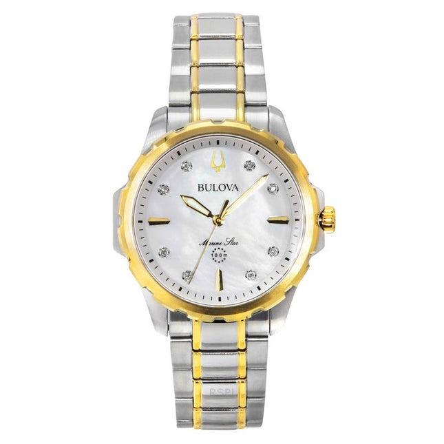 Bulova Marine Star Two Tone Stainless Steel Diamond Accents Mother Of Pearl Dial Quartz 98P227 100M Women's Watch