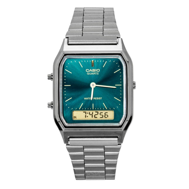 Casio Vintage Analog Digital Stainless Steel Green Dial Quartz AQ-230EGG-3A Unisex Watch