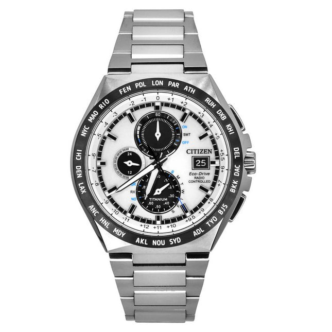Citizen Eco-Drive Radio Controlled GMT Chronograph Super Titanium Silver Dial AT8238-84A 100M Men's Watch
