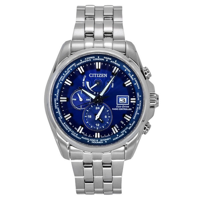 Citizen Eco-Drive Perpetual Calendar GMT Chronograph Stainless Steel Blue Dial Diver's AT9120-89L 200M Men's Watch
