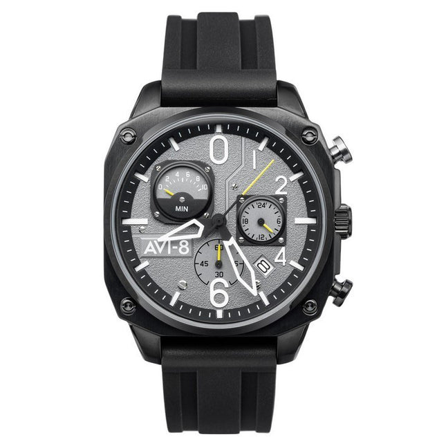 AVI-8 Hawker Hunter Retrograde Chronograph Tactical Black Rubber Strap Grey Dial Quartz AV-4052-R1 Men's Watch