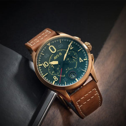 AVI-8 Spitfire Lock Chronograph Leather Strap Bronze Green Dial Quartz AV-4089-02 Men's Watch