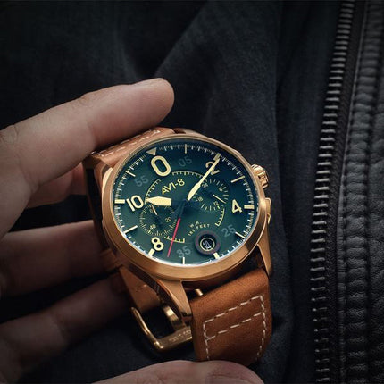 AVI-8 Spitfire Lock Chronograph Leather Strap Bronze Green Dial Quartz AV-4089-02 Men's Watch
