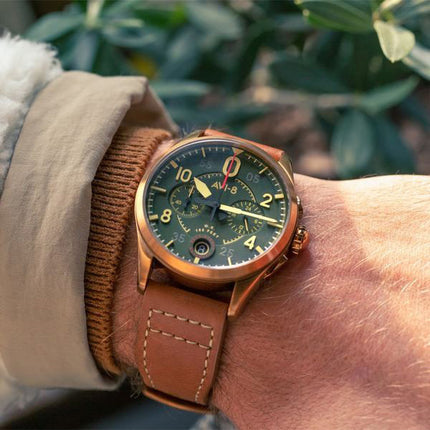 AVI-8 Spitfire Lock Chronograph Leather Strap Bronze Green Dial Quartz AV-4089-02 Men's Watch