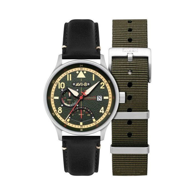 AVI-8 Hawker Hurricane Mckellar Dual Time Gothic Green Dial Quartz AV-4101-0A Men's Watch With Extra Strap
