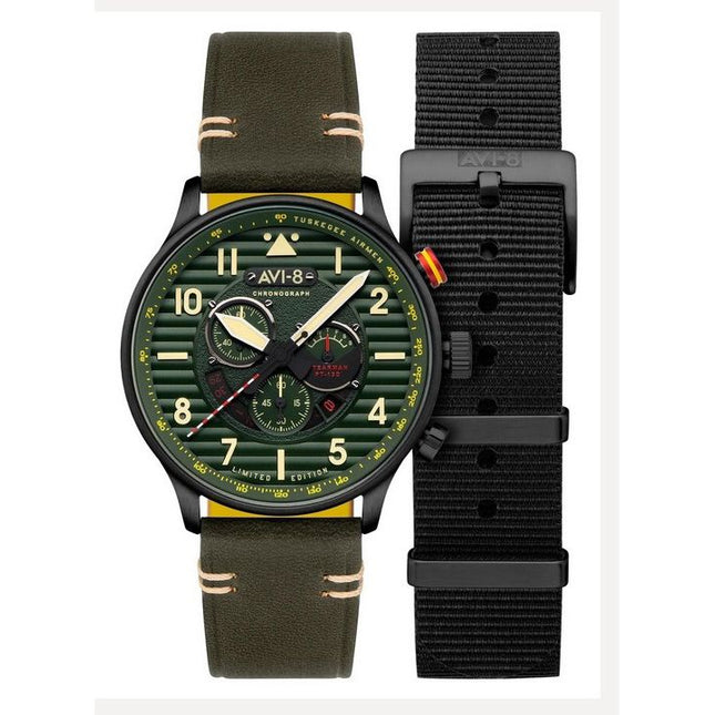 AVI-8 Flyboy Spirit Of Tuskegee Chronograph Limited Edition Roberts Green Dial Quartz AV-4109-04 Men's Watch With Extra Strap