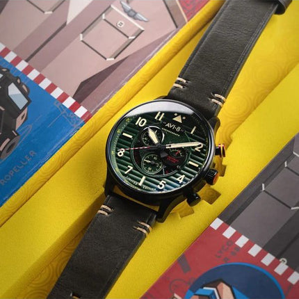 AVI-8 Flyboy Spirit Of Tuskegee Chronograph Limited Edition Roberts Green Dial Quartz AV-4109-04 Men's Watch With Extra Strap