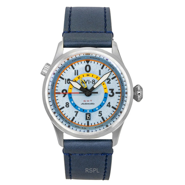 AVI-8 Flyboy Wingman Worldtimer GMT Leather Strap Power Blue Dial Automatic AV-4120-03 Men's Watch With Extra Strap