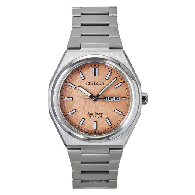 Citizen Zenshin Super Titanium Salmon Dial Eco-Drive AW0130-85Z 100M Men's Watch
