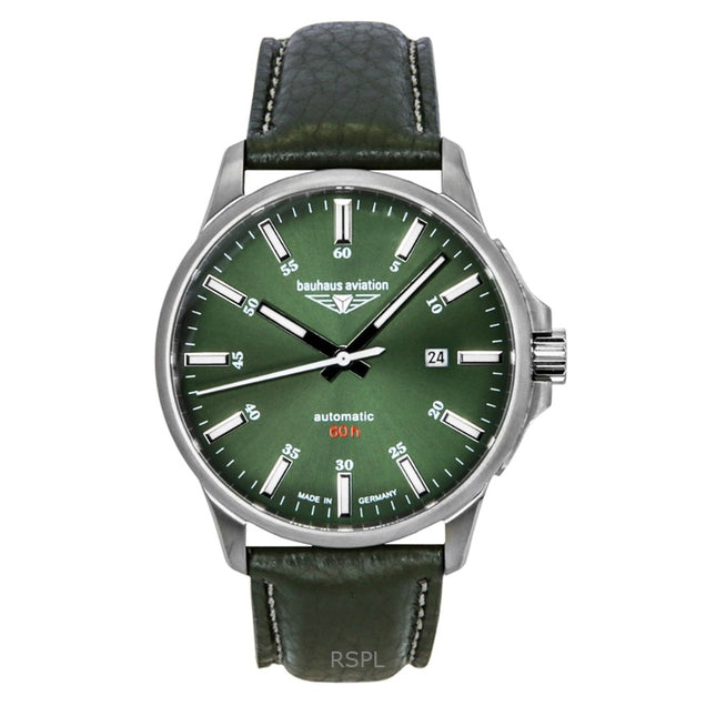 Bauhaus Aviation Leather Strap Dark Green Dial Automatic 28644 100M Men's Watch
