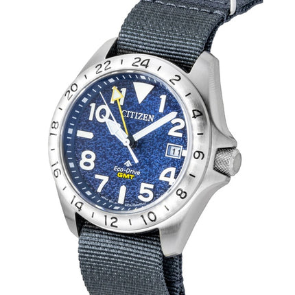 Citizen Promaster Land GMT Analog Grey Nylon Strap Navy Blue Dial Eco-Drive Diver's BJ7150-09L 200M Men's Watch