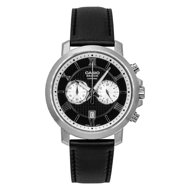 Casio Beside Chronograph Analog Leather Strap Black Dial Quartz BMS-500L-1A Men's Watch