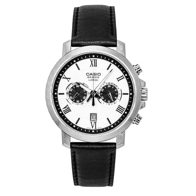 Casio Beside Chronograph Analog Leather Strap White Dial Quartz BMS-500L-7A Men's Watch