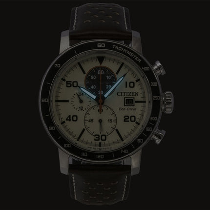 Citizen Brycen Chronograph Brown Leather Strap Ivory Dial Eco-Drive CA0649-06X 100M Men's Watch