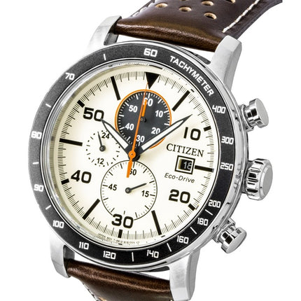 Citizen Brycen Chronograph Brown Leather Strap Ivory Dial Eco-Drive CA0649-06X 100M Men's Watch