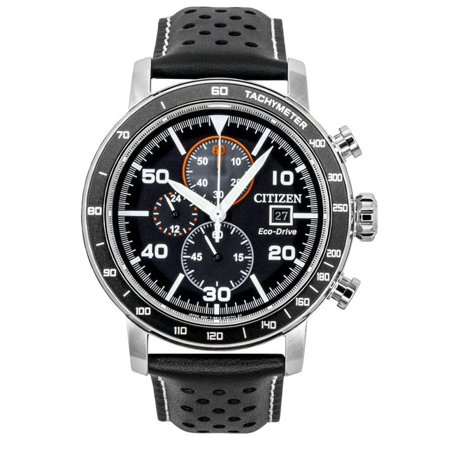 Citizen Brycen Chronograph Leather Strap Black Dial Eco-Drive CA0649-14E 100M Men's Watch