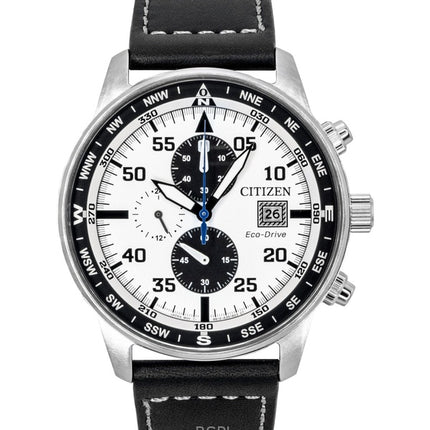 Citizen Eco-Drive Aviator Chronograph Leather Strap White Dial CA0880-07A 100M Men's Watch
