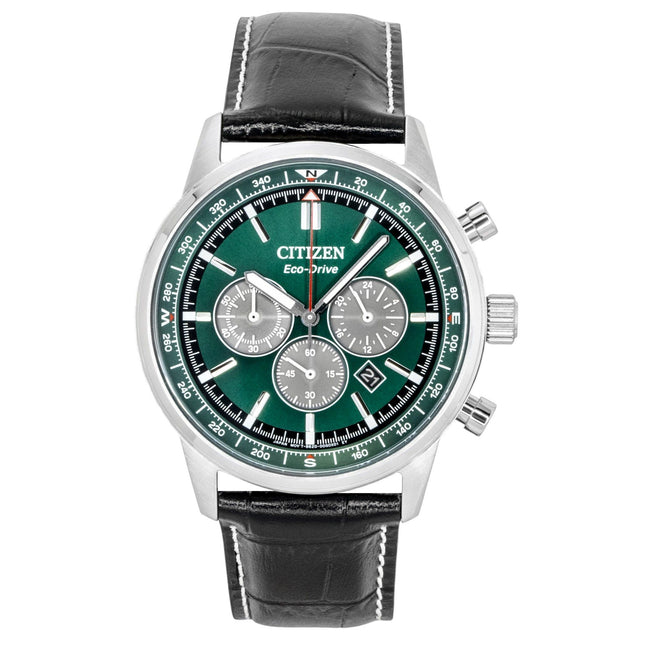Citizen Eco-Drive Chronograph Leather Strap Green Dial CA4720-01X 100M Men's Watch
