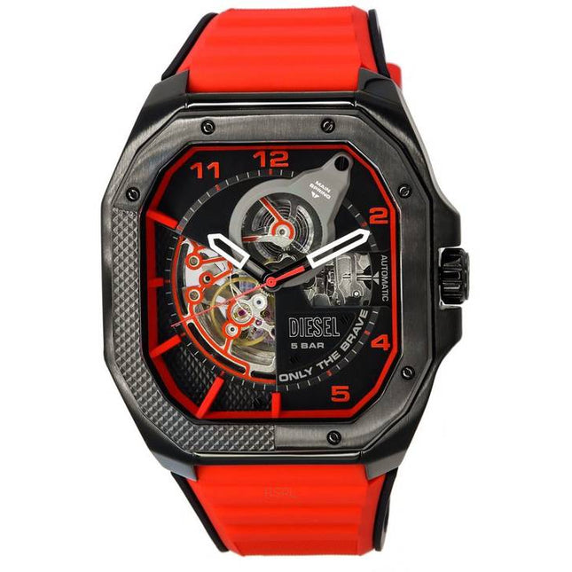 Diesel Flayed Silicone Strap Open Heart Black Dial Automatic DZ7469 Men's Watch