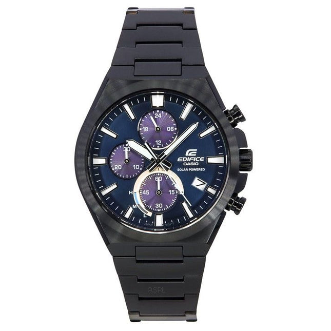 Casio Edifice Analog Chronograph Black Ion Plated Stainless Steel Blue Dial Solar EQS-950DC-2A 100M Men's Watch