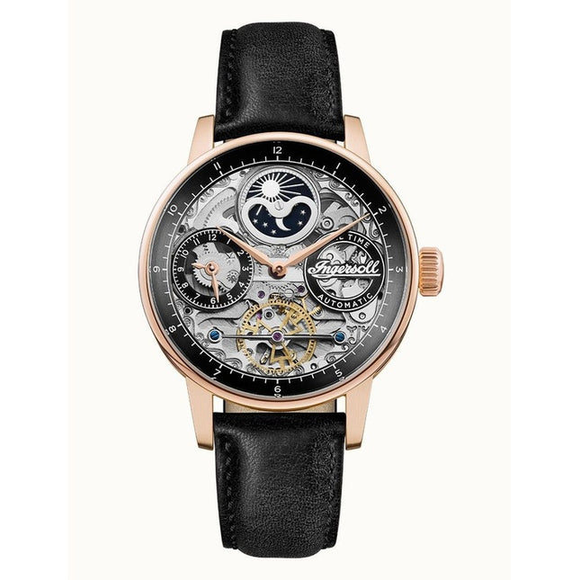 Ingersoll The Jazz Moon Phase Leather Strap Black Skeleton Dial Automatic I07705 Men's Watch