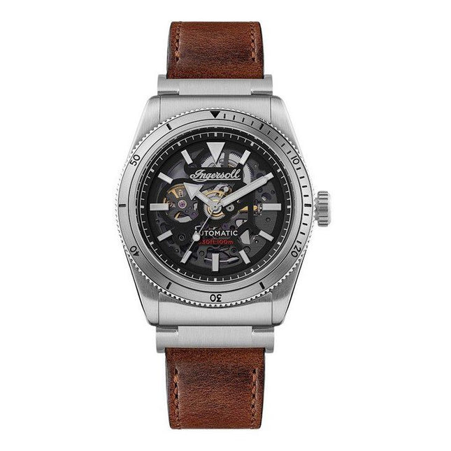 Ingersoll The Scovill Brown Leather Strap Black Skeleton Dial Automatic I13901 100M Men's Watch