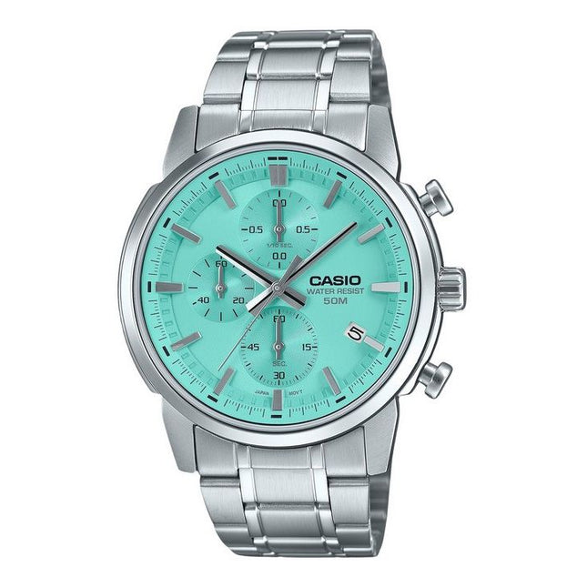 Casio Standard Analog Chronograph Stainless Steel Turquoise Dial Quartz MTP-E510D-2AV Men's Watch