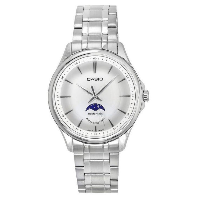 Casio Standard Analog Moon Phase Stainless Steel Silver Dial Quartz MTP-M100D-7A Men's Watch