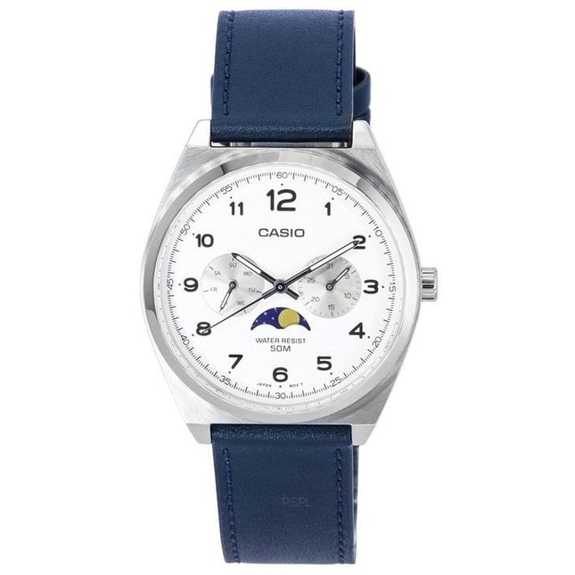 Casio Standard Analog Moon Phase White Dial Leather Strap Quartz MTP-M300L-7A MTPM300L-7 Men's Watch