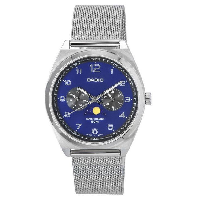 Casio Standard Analog Stainless Steel Mesh Bracelet Moon Phase Blue Dial Quartz MTP-M300M-2A Men's Watch