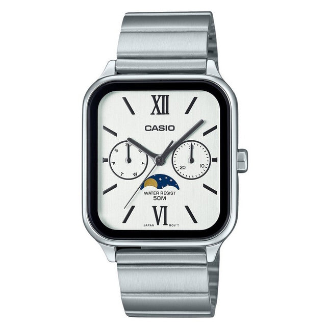 Casio Standard Analog Moon Phase Stainless Steel White Dial Quartz MTP-M305D-7A2V Men's Watch