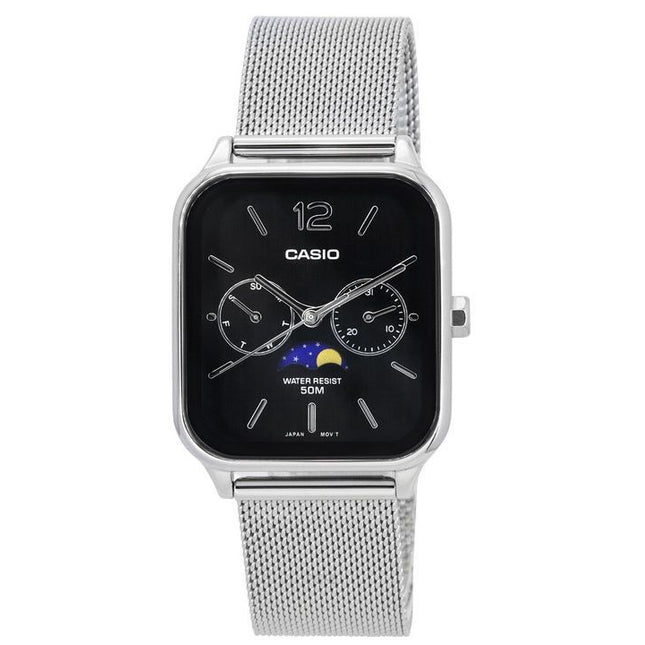 Casio Standard Analog Moon Phase Mesh Strap Black Dial Quartz MTP-M305M-1A Men's Watch