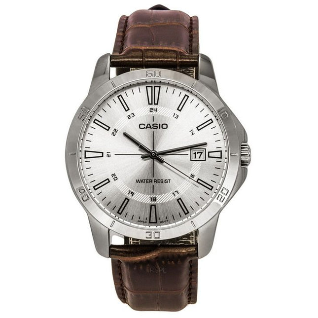 Casio Standard Analog Brown Leather Strap Silver Dial Quartz MTP-V004L-7C Men's Watch